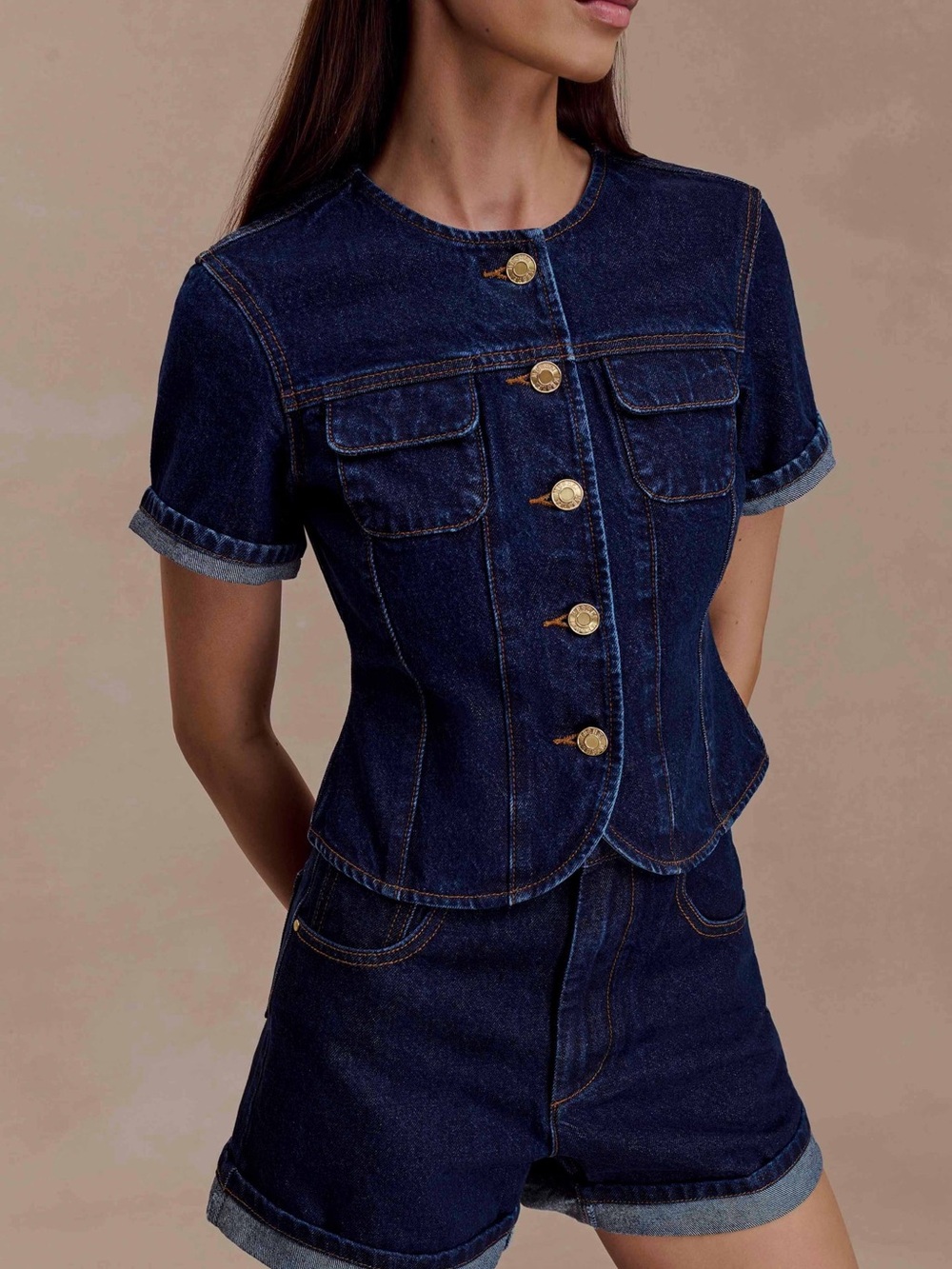 MESHKI Carlene Cuffed Denim Shorts High Rise Dark Wash Indigo Blue NWT Size 27